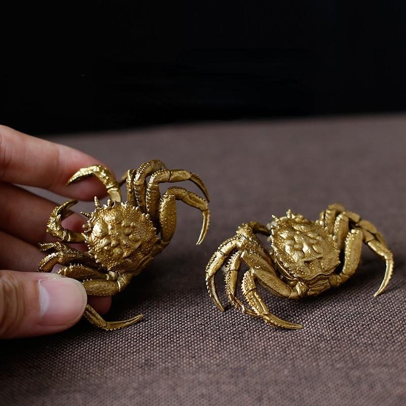 Antique Bronze Small Crab Statue Tea Pet Ornament Pure Brass Solid Animal Miniature Figurine Vintage Home Decoration Accessories