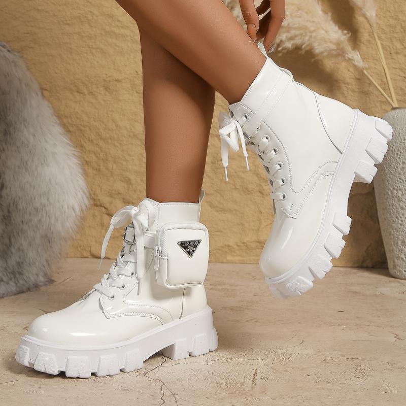 Высококачественные туфли на платформе с круглым носком и средней высотой голени для женщин, модные женские ботинки на шнуровке, короткие бочонки на толстом каблуке, Botas De Mujer