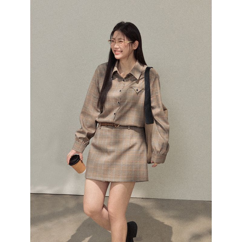 Zhang Ren Plus Size Women's Clothing Fat Sister mm Slimming Suit Outwear Retro Elegance Plaid Tops Mid-Length Dress Set
