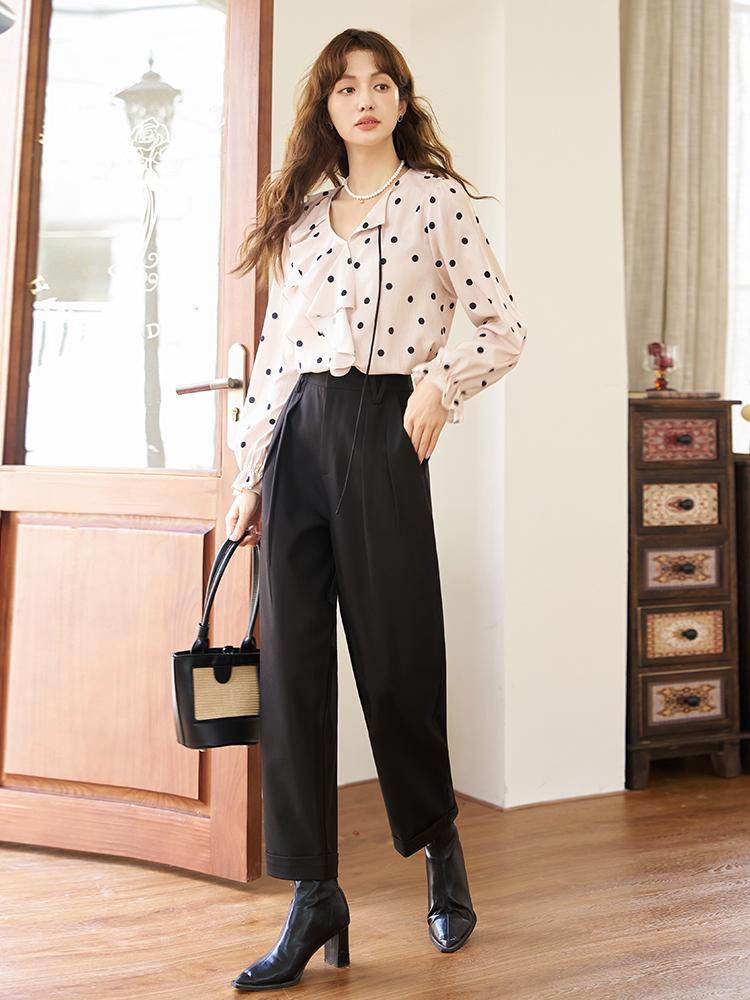 Mishow Женская блузка, новинка 2024 года, элегантная винтажная блузка во французском стиле в горошек с рюшами и длинными рукавами, с v-образным вырезом, офисные женские топы MXC45X1300