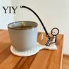 Tea Bag Holder for Glass Cup Fishing Man with Coaster, Cute Stick Figure Minimalist Anti-drip Coaster Holder, Funny Desk Drip Catcher, Novelty