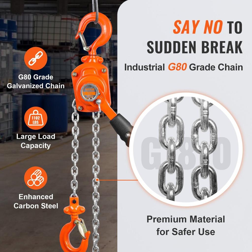 Manual Lever Chain Hoist, 1/2 Ton 1100 lbs Capacity 5 FT Come Along, G80 Galvanized Carbon Steel with Weston Double-Pawl Brake, Auto Chain Leading &