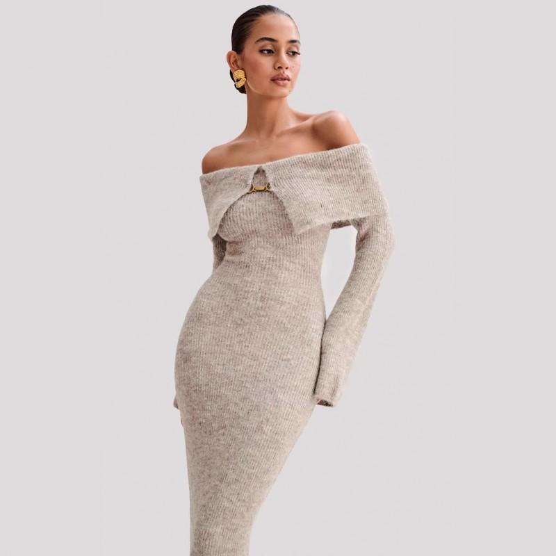 Elegant Knit Long Dress With Off-Shoulder Design High Waist Slim Fit Solid Color Office Casual Wear