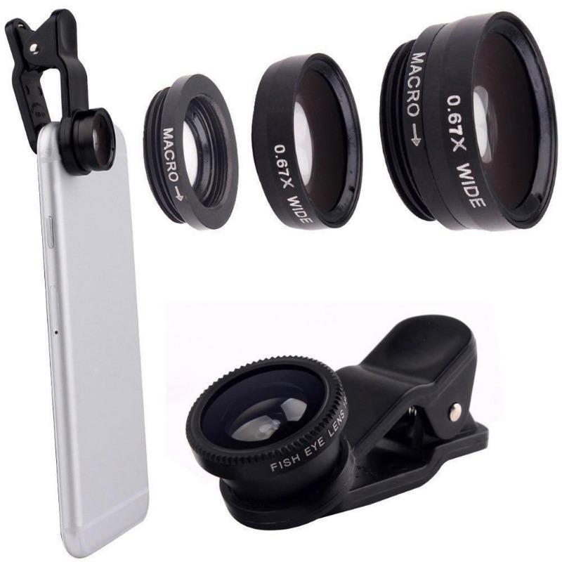 Black 3in1 Fish Eye+Macro+Wide Angle Clip On Camera Lens Kit for Iphone Samsung