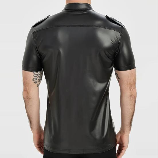 Мужская металлизированная рубашка на пуговицах с коротким рукавом и лацканами, облегающий сценический костюм для ночного клуба, вечеринок, баров, клубов