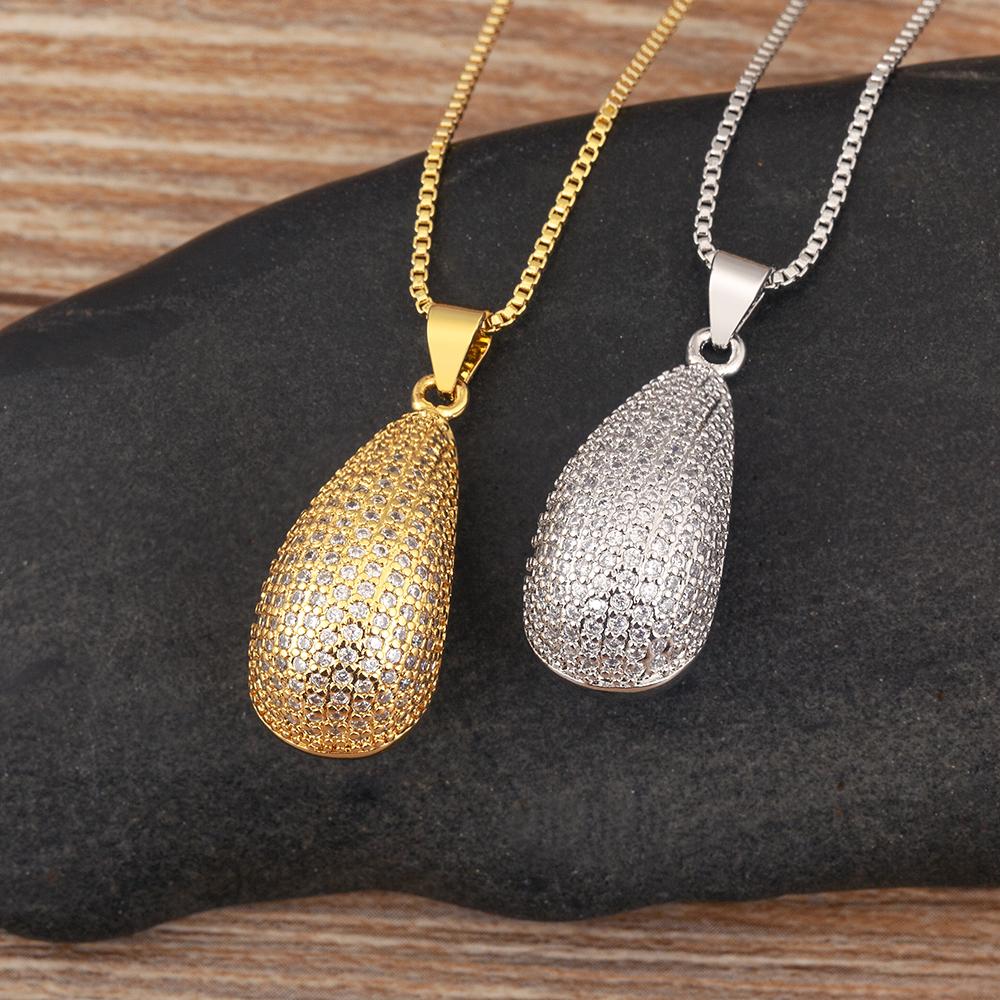 Nidin New Fashion Waterdrop Shape Hollow Design Charm Pendant Necklace For Women Men Shiny Crystal Zircon Jewelry Accessories