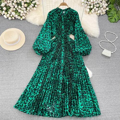 Платья Temperament Lantern Длинные рукава Круглый вырез Тонкий однобортный принтованное платье Элегантные винтажные шикарные женские платья