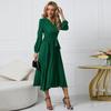 Women's Solid Color Long-sleeved V-neck Slim-fit Pleated Lace-up Long Dress