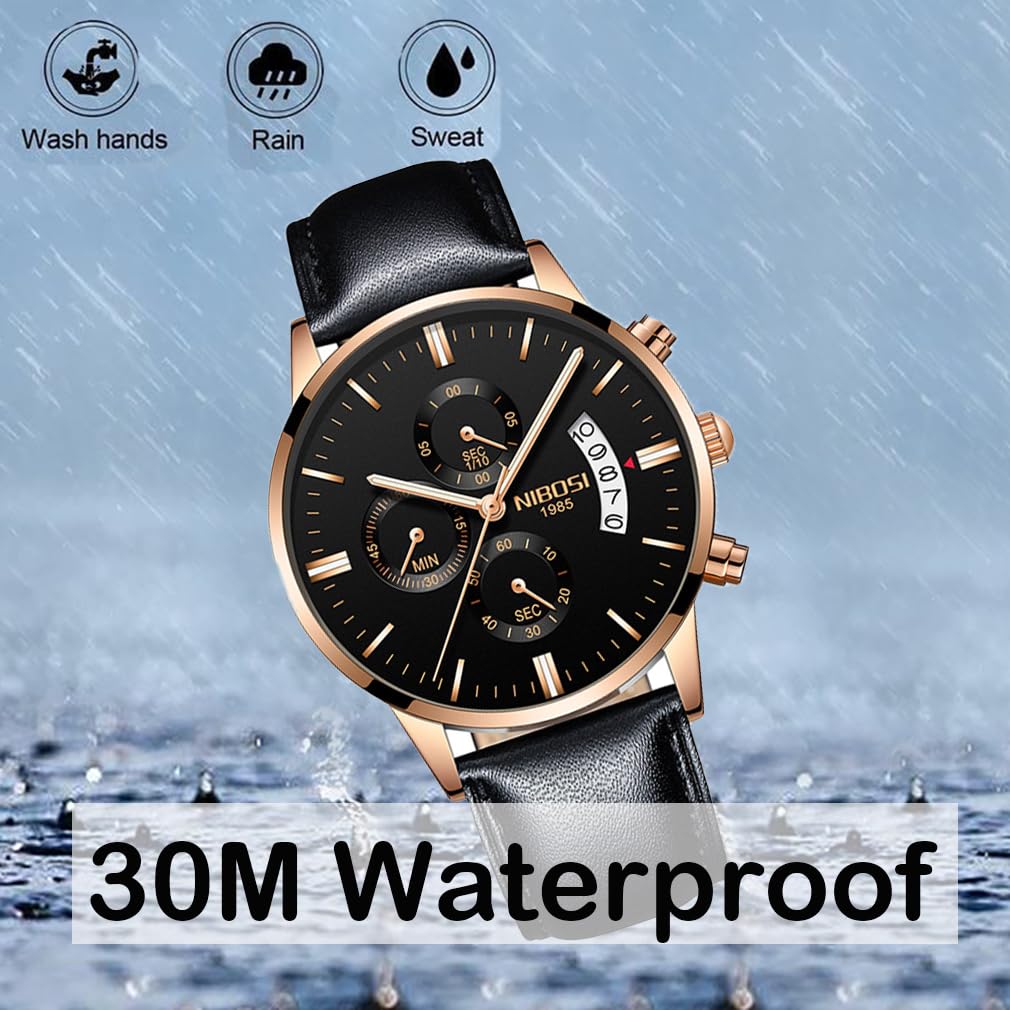 NIBOSI Men's Watch Leather Strap Chronograph Waterproof Brand Analog Business Wristwatch Stylish Casual Big Face Gentleman Luxury Gift Gold Black