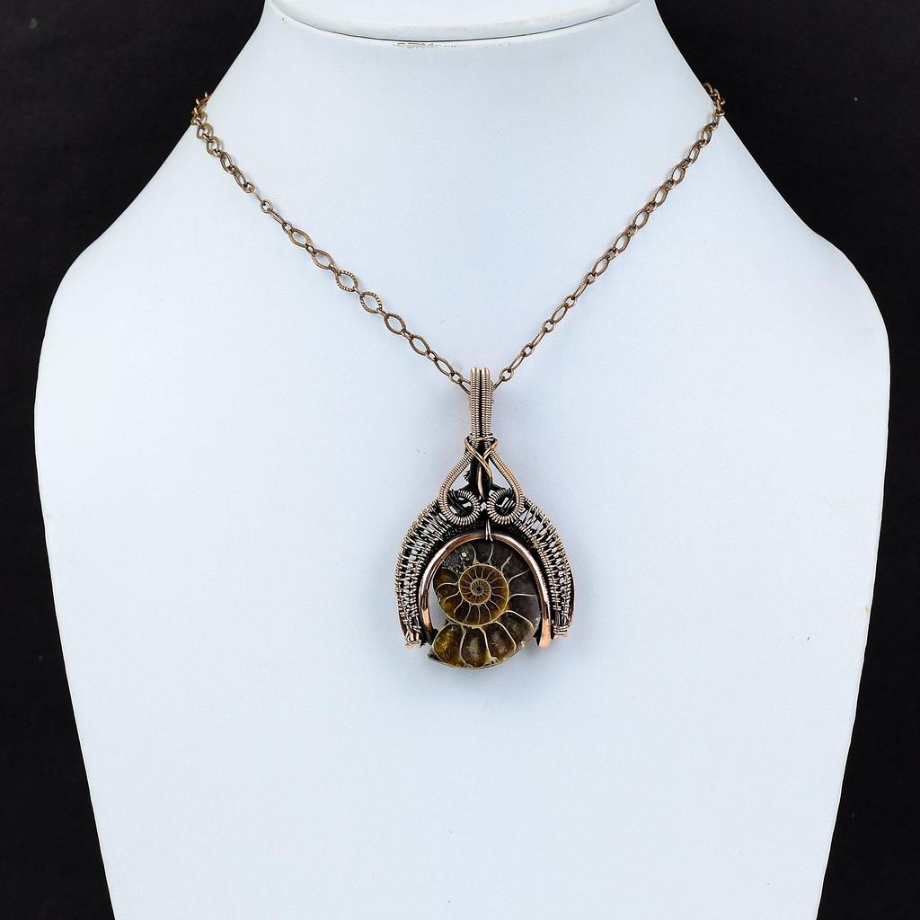 Amazing Ammonite Fossil Gemstone Handmade Pure Copper Wire Wrapped Pendant Jewelry