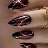 24PCS Y2K Dark Red Fake Nails Almond with Gold Powder Stone Pattern Press On Nails for Autumn Winter Vintage Elegant False Nails
