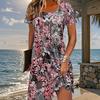 Fashion Womens Loose Floral Print Print O Neck Short Sleeve Leaves Print Loose Streetwear A-line Dress