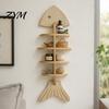 Makeup Brush Storage Organizer Fish Bone Rack, Wood Wall Mounted Floating Shelf, Ocean Style Punch Free Wooden Shelf Art Display for Bedroom Bathroom