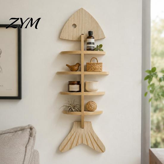Makeup Brush Storage Organizer Fish Bone Rack, Wood Wall Mounted Floating Shelf, Ocean Style Punch Free Wooden Shelf Art Display for Bedroom Bathroom