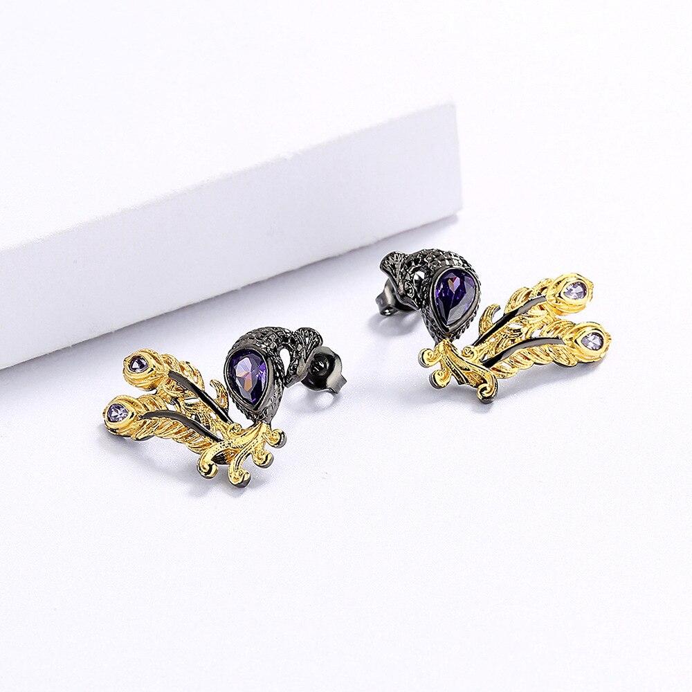 Женские серьги премиум-класса, блестящие фиолетовые серьги с цирконом, серьги в форме павлиньего пера, модные полые серьги черного золота