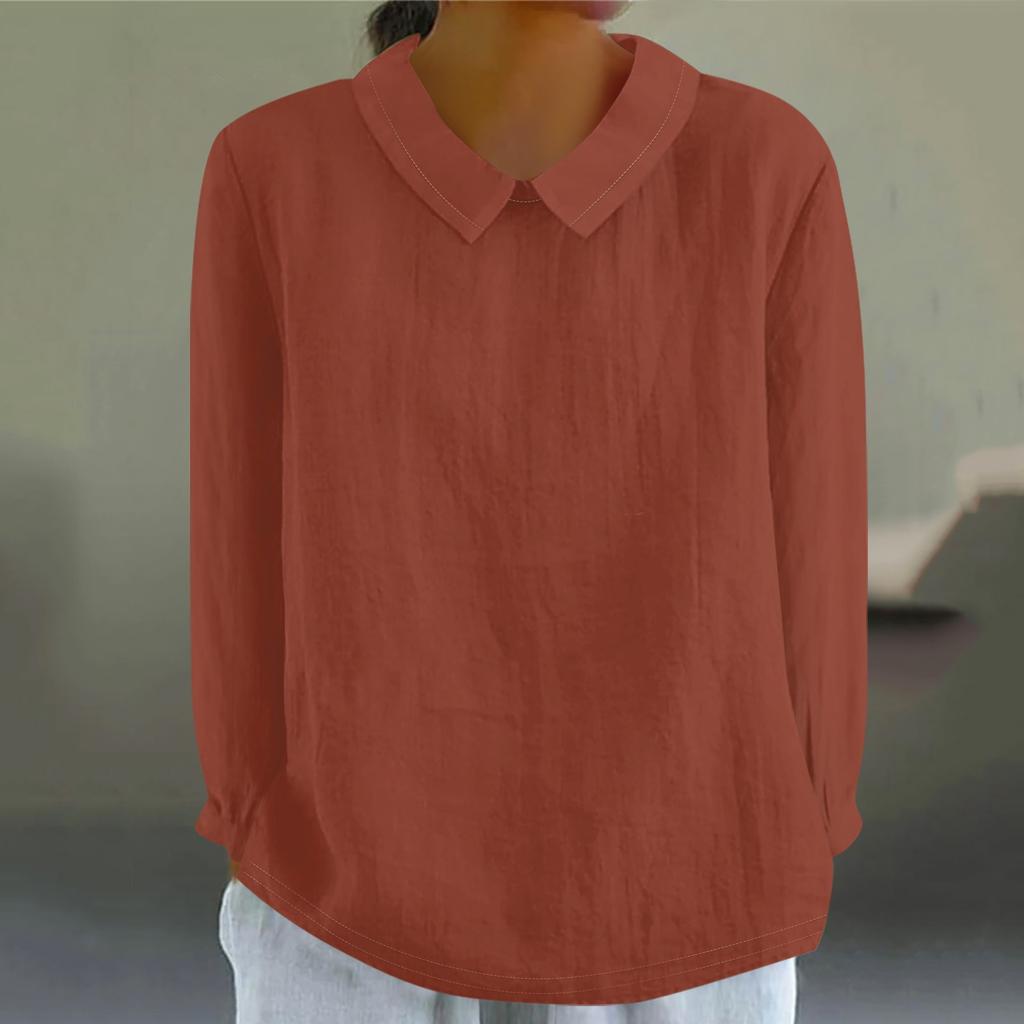 Women's Fashion Doll Collar Long Sleeve Loose Solid Color Shirt Casual Button Top