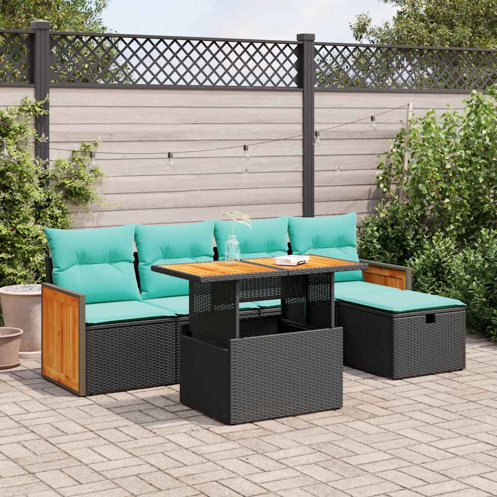 vidaXL 6 Piece Garden Sofa Set with Cushions Black Poly Rattan