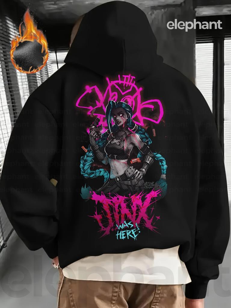 Jinx Graphic Print Thick Warm Hoodie - Unisex Winter Pullover, Graffiti Art and Jinx Character Design, Machine Washable Polyester,