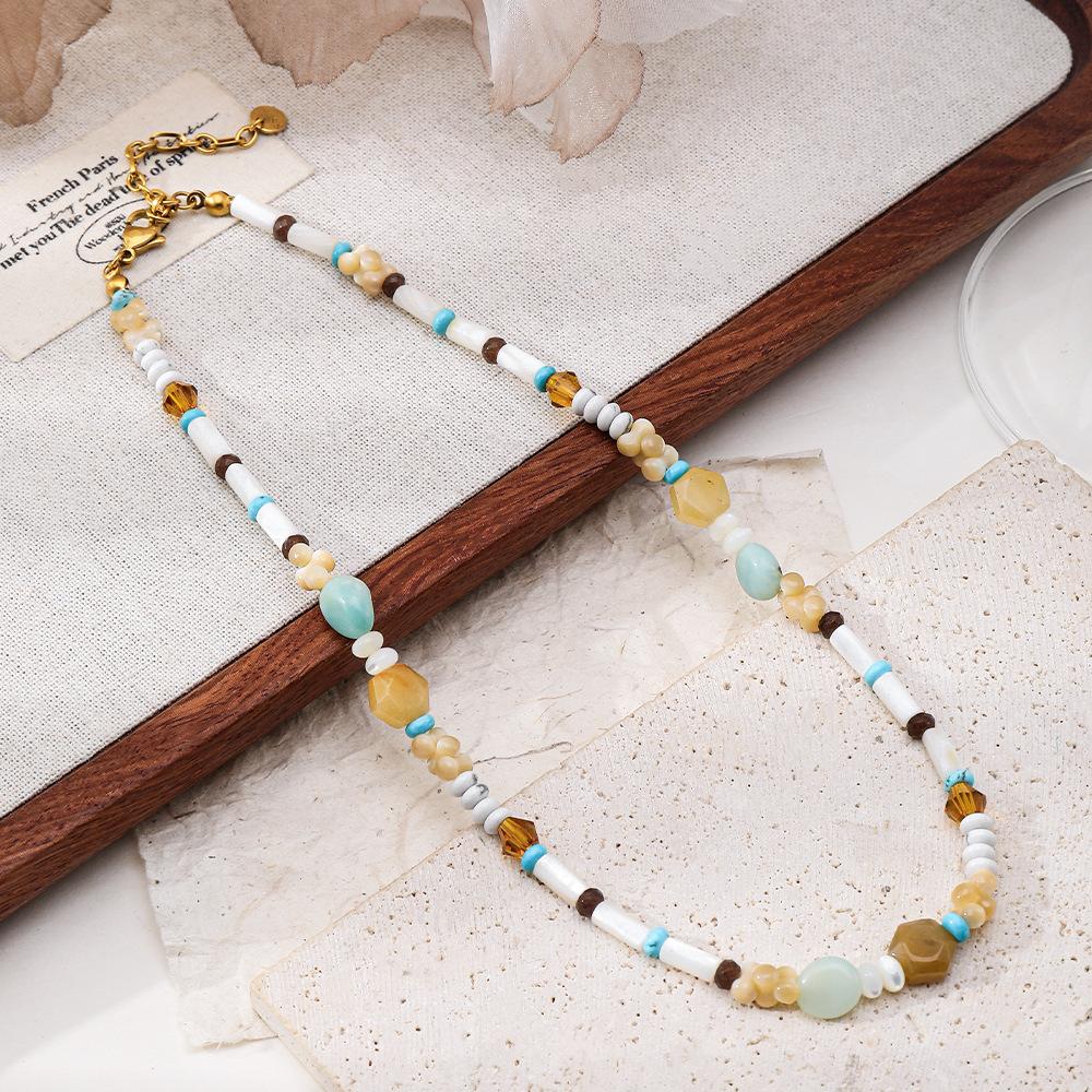 GEMCHIC Women's Bohemian Style Beaded Necklace with Natural Stone Pendant and Shell Beads, Vintage Geometric Layered Choker
