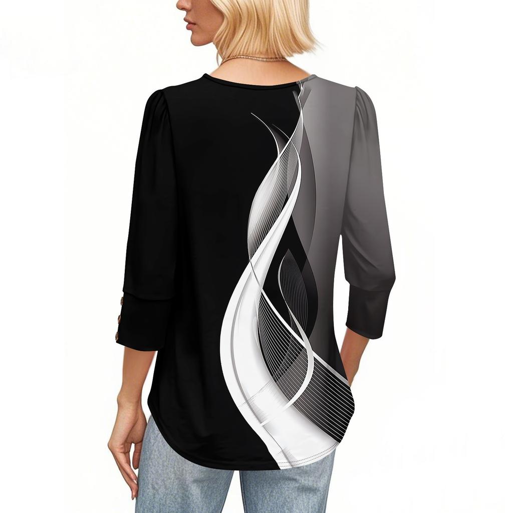 Женская модная повседневная футболка с цветными блоками, сшивная, с принтом, с круглым вырезом, с рукавами семь восьмых