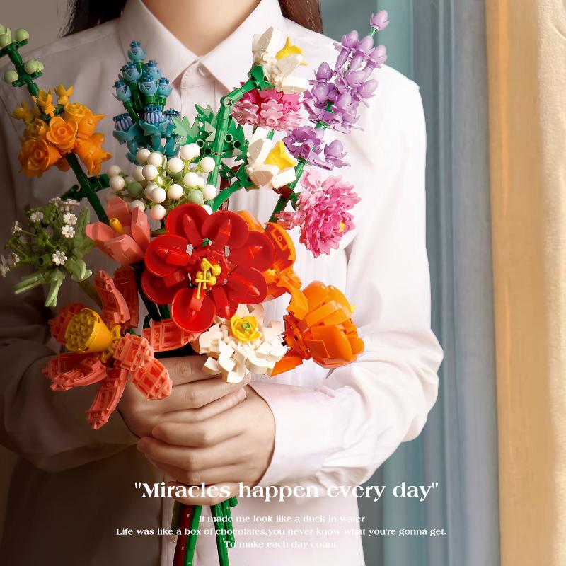 Вечный цветок Романтические розы Букет полевых цветов Кирпичные блоки Искусственный цветок Конструктор Блок Игрушки Детский подарок Строительный блок