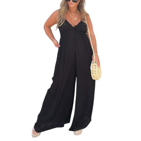Women Jumpsuit Deep V Neck Backless Wide Pure Leg Loose Sleeveless Color Pleated Spaghetti Strap Casual Vacation Beach