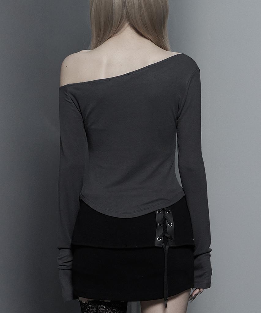 ETRE AU SOMMET Lettering Printing One-Shoulder Long Sleeve Top (Dark Gray)