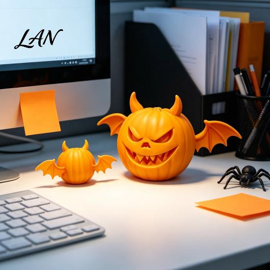 Scary Pumpkin Statue 2Pcs 3D Printed Demon Figurine, Devil with Bat Spooky Wings & Horns, Sculpture for Halloween Party Decoration Decor