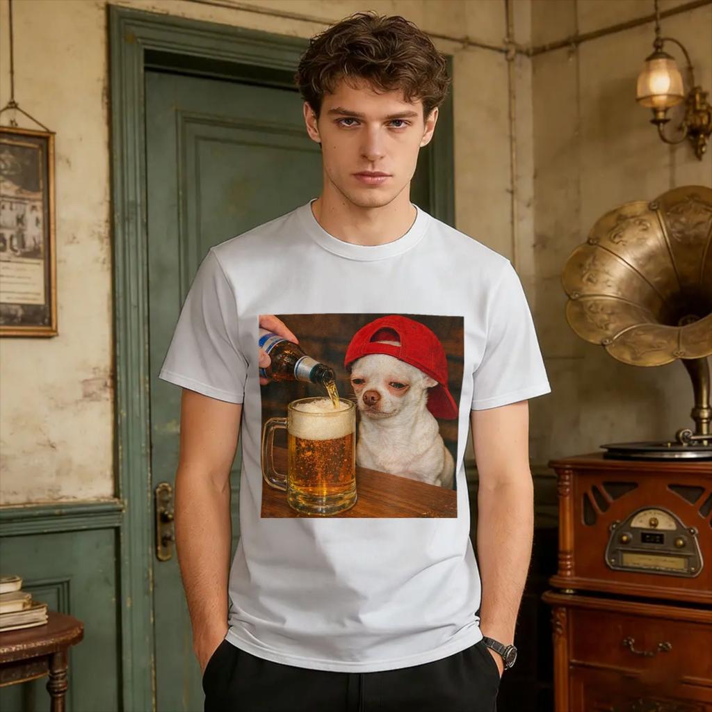 Sad Dog Drinking Beer Funny Chihuahua Meme TShirt Unisexs Streetwear TShirts Summer Breathable Popular Tees Plus Size Tops