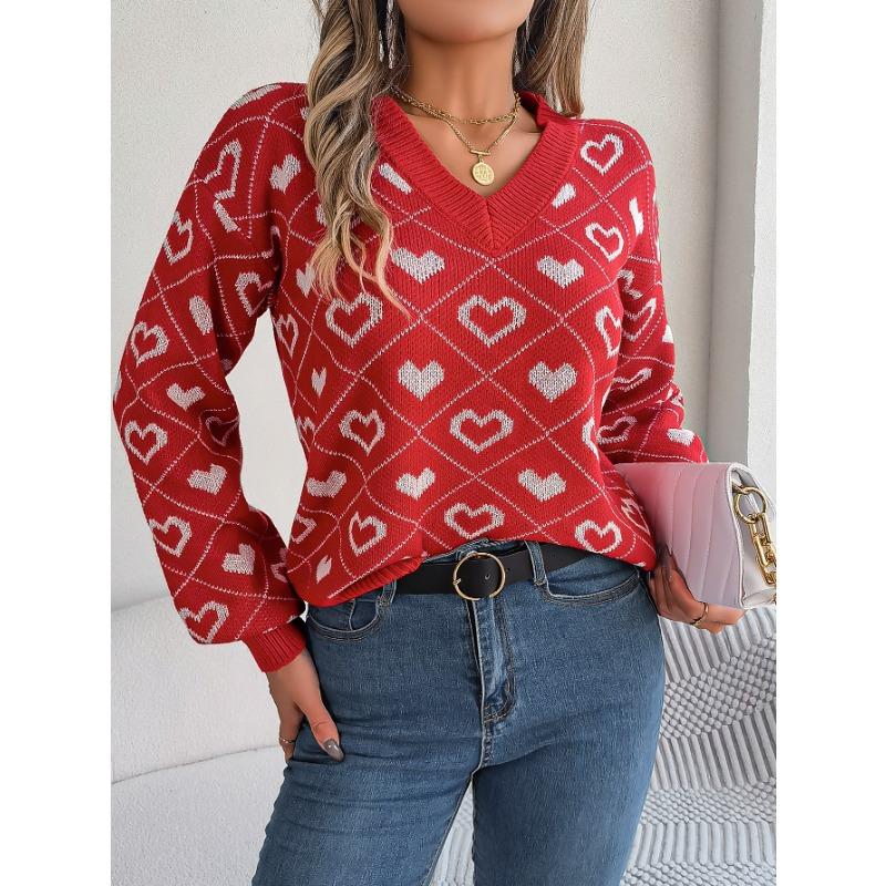 Women's Autumn and Winter Sweet Color Collision Love Lantern Sleeve Pullover Sweater