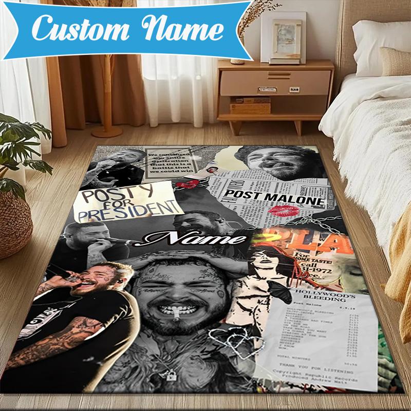 Custom Name Post Malone Artwork Rug Game Carpet, Floor Mat for Bedroom Living Room Entryway Rug, Home Decor Idea Gift for Christmas birthday
