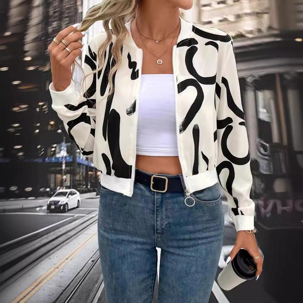 Элегантная женская бейсбольная куртка с принтом на молнии, повседневное пальто на осень-зиму, модная дизайнерская одежда для улицы