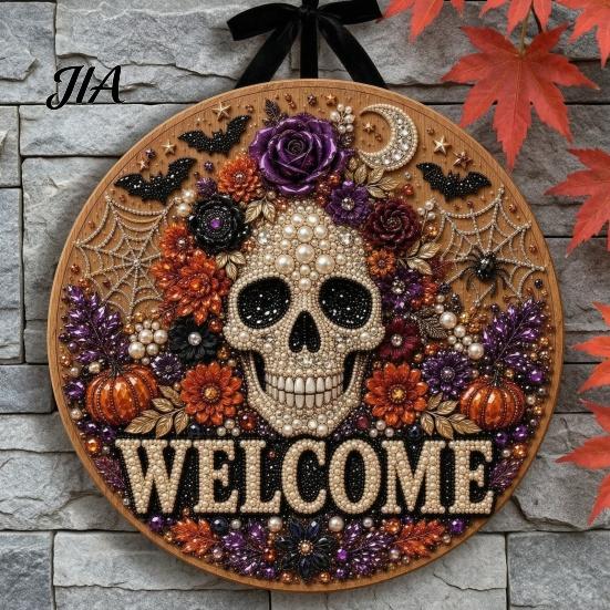 Halloween Entryway Hanging Sign Pearl Diamond Art Welcome Sign, 2D Flat Rhinestone Painting Craft Sparkling Faux Wall Decor Wooden Ornament, Ghost Cat