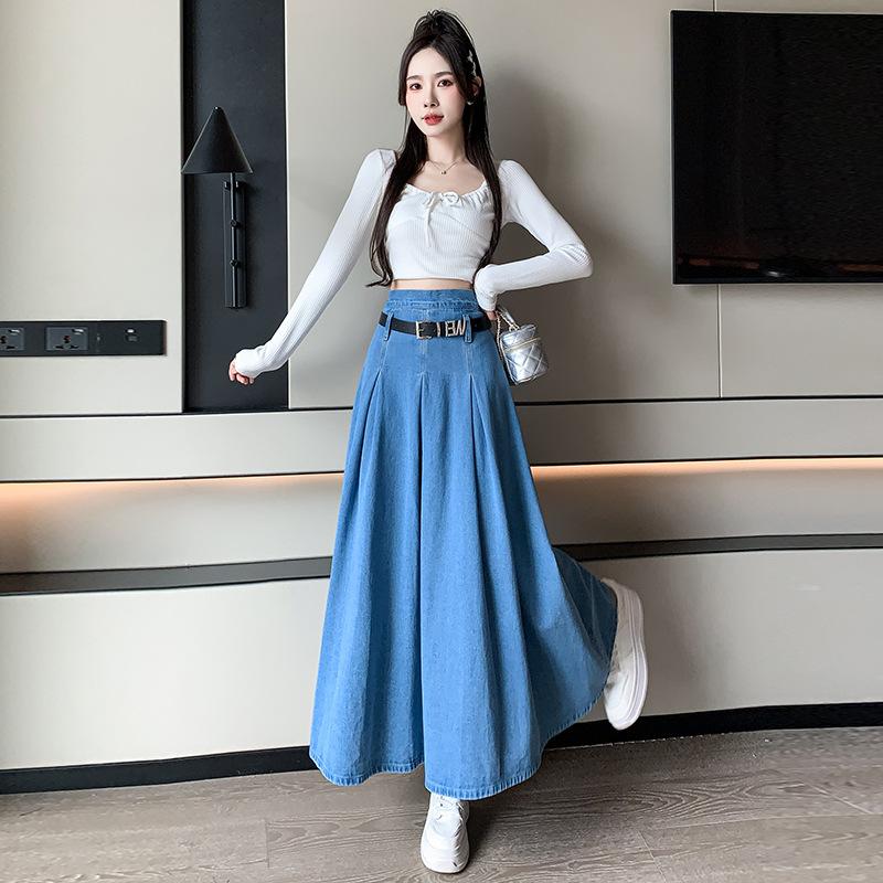 Women's Spring Thin Jeans Skirt Tencel 6/7 Wide-leg Skirt Pants