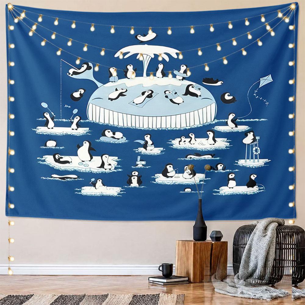 Penguins Relaxing on a Whale Island Pattern Wall Hanging Tapestry Decorative Tapestry Home Decor for Bedroom and Living Room