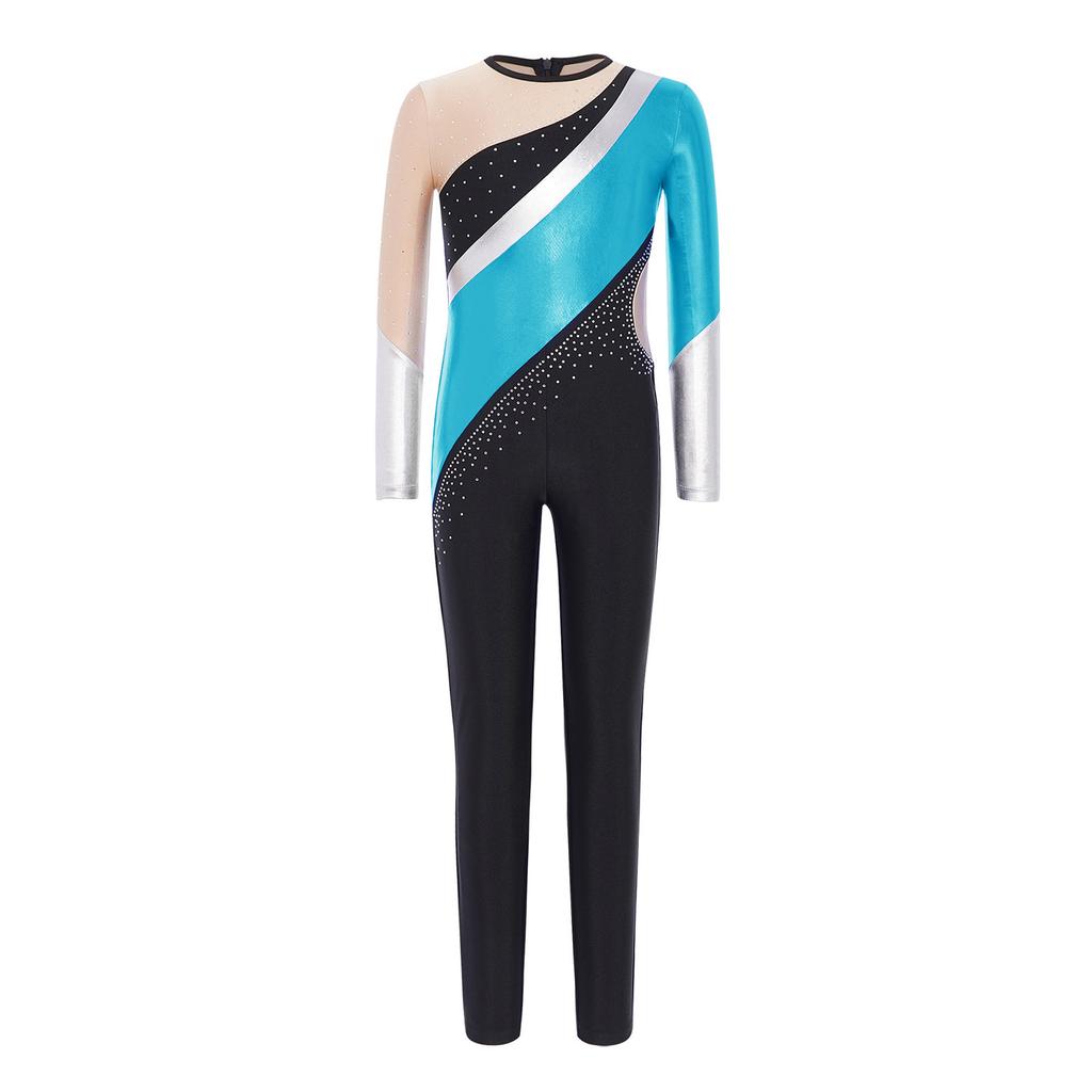 Girls Gymnastics Jumpsuit Metallic Color Block Design Round Neck Long Sleeve Back Invisible Zipper Bodysuit