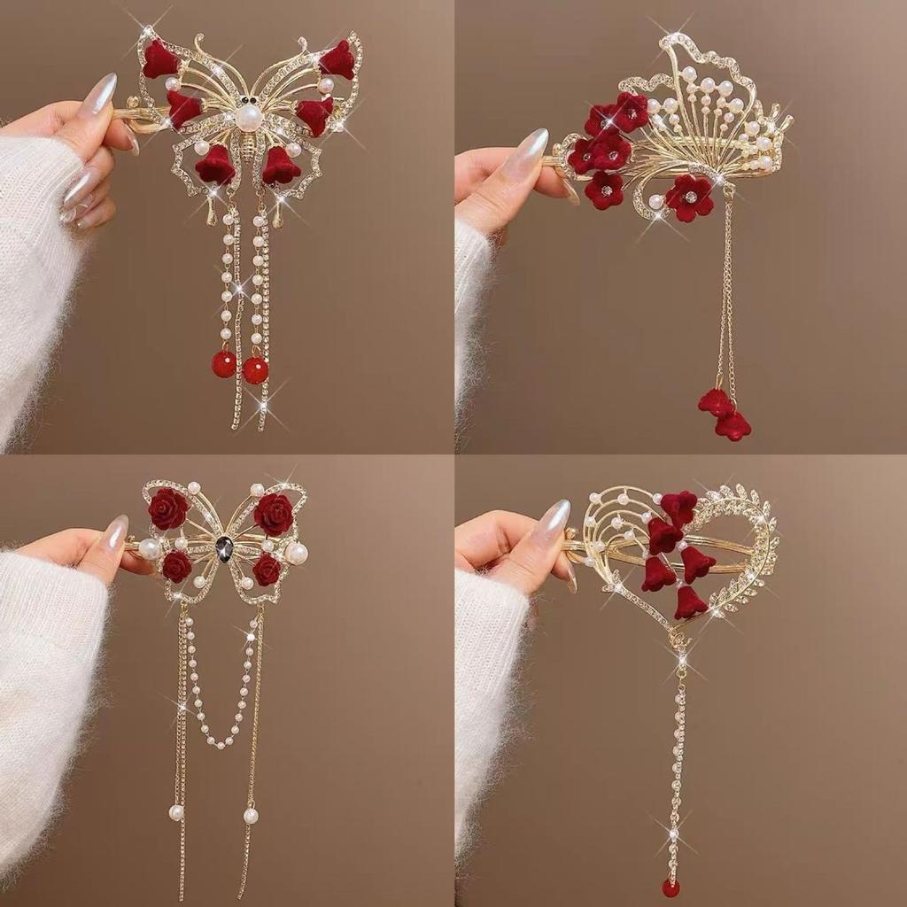 Женская красная кисточка с цветком, жемчуг, изысканная заколка-автомат для волос для женщин, рождественские заколки, зажим для волос, головной убор для невесты на Новый год