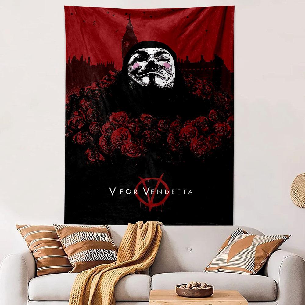 V for Vendetta Tapestry Wall Hanging, Guy Fawkes Mask Art, Cult Movie Wall Decor for Bedroom Dorm