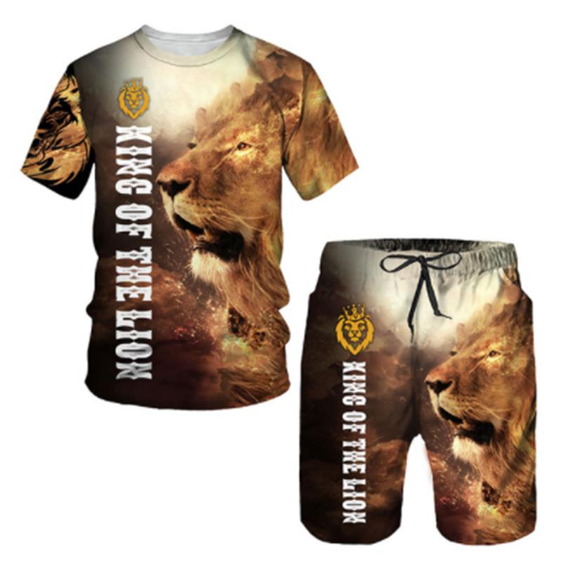 Летняя мужская футболка с 3D принтом и шорты, комплект свирепого льва, мужская спортивная одежда, спортивный костюм с круглым вырезом и коротким рукавом, классная мужская одежда