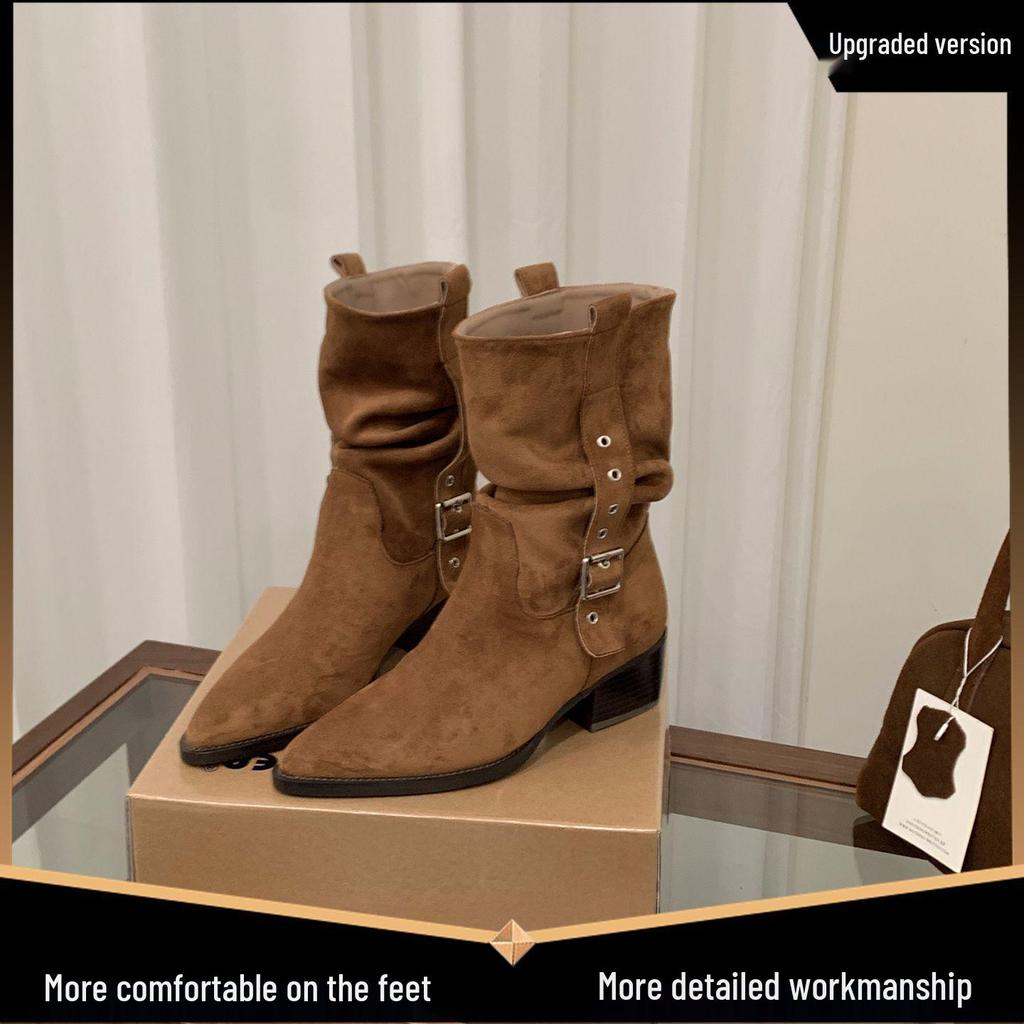 Women's Suede Pointed Toe Mid-Calf Western Boots - Autumn/Winter 2025 Collection