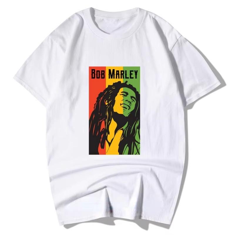 Bob Marley Reggae Portrait Print Tshirt Unisex Vintage Music Short Sleeve Trendy Pure Cotton Loose Casual Streetwear Top