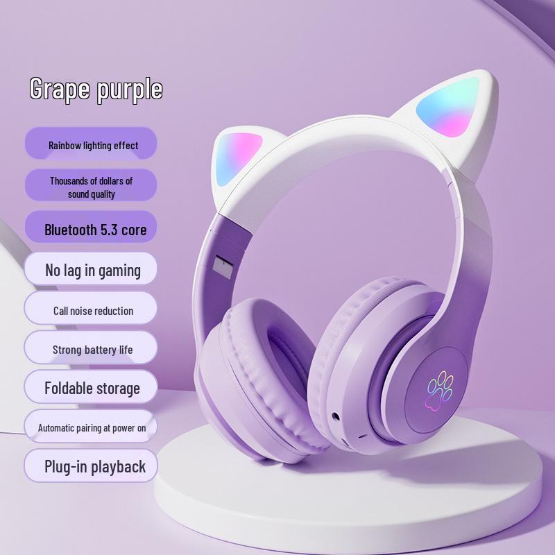 Небесно-голубые Bluetooth-наушники с кошачьими ушками и дышащей подсветкой