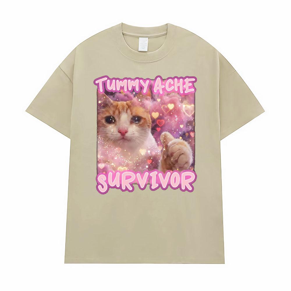Tummy Ache Survivor Funny Cat Meme Graphic T Shirts for Unisex Women Fashion Retro Cartoon Humor T Shirt Streetwear Tshirts
