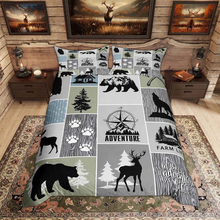 Comforter Homewish Rustic Deer Bear Woodland Animal Checkered Set Farmhouse Lodge Cabin Bedding Set