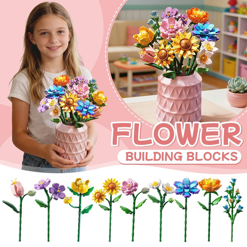 Building Block Rose Everlasting Flower Bouquet , Building Block Assembly Diy Decorative Item , Girls' Festival Gift
