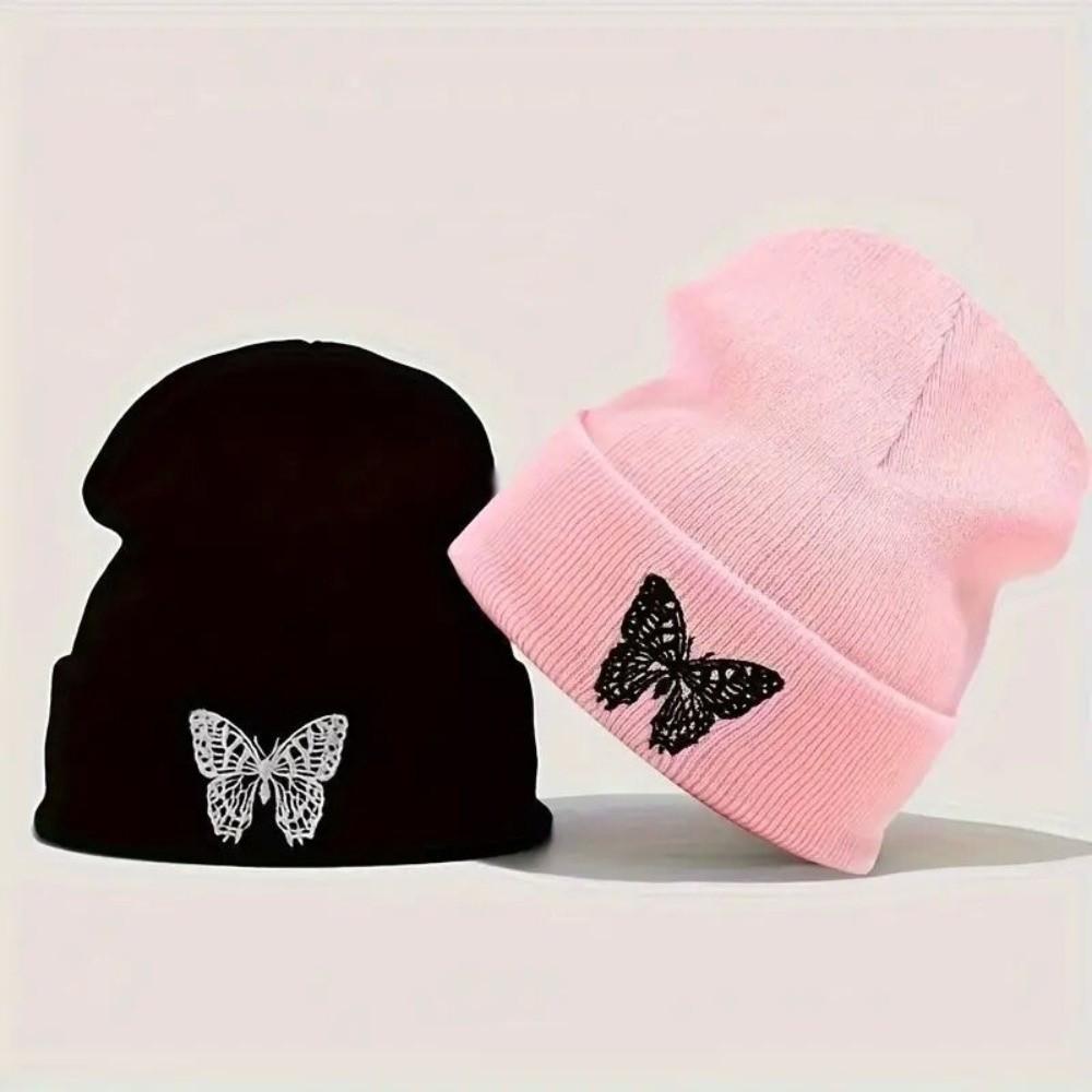 Вышитая бабочка Вязаная шапка-пуловер Защита ушей Шапочка-череп Модные лыжные шапки