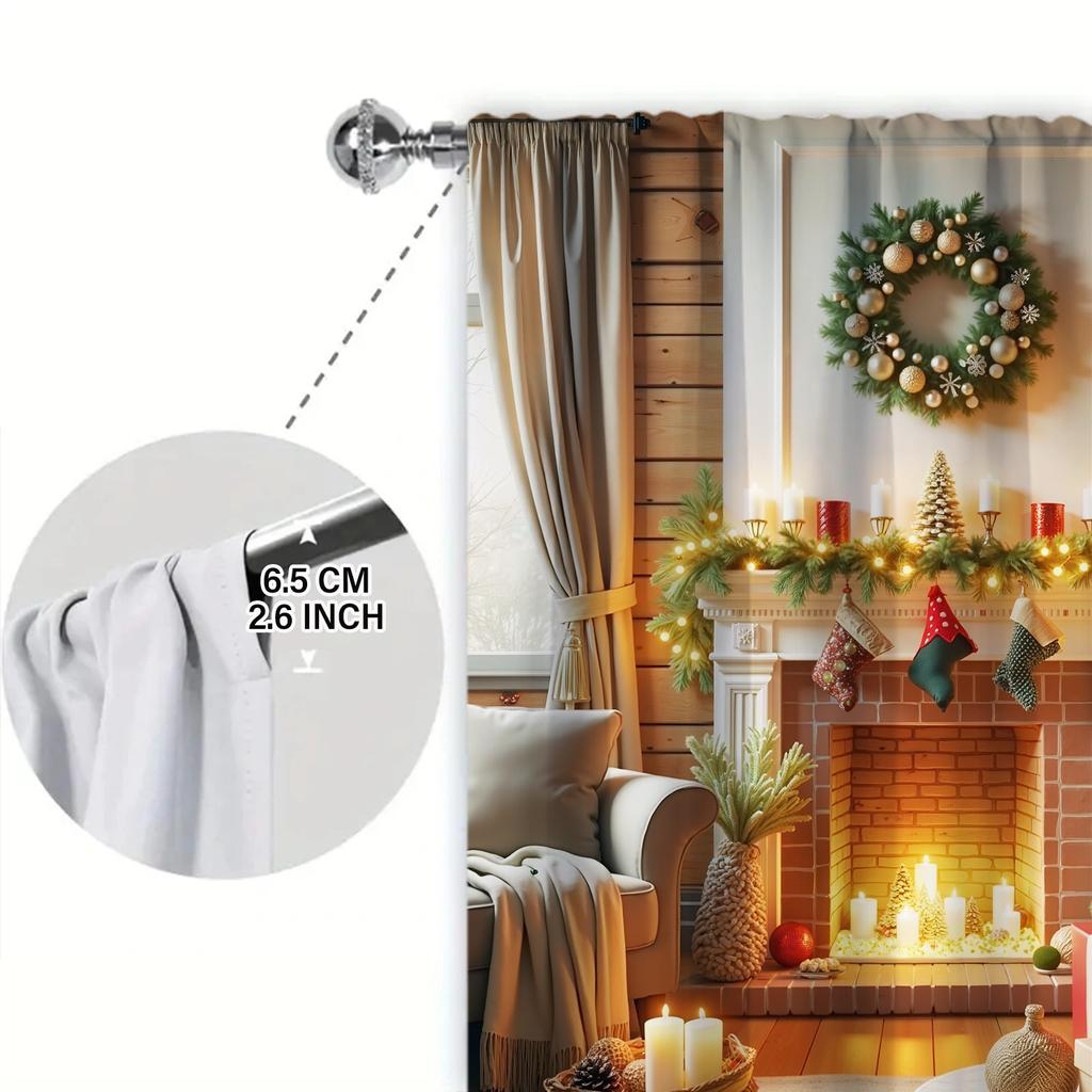 2-piece Set of Christmas Wonderland Curtains - Featuring A Rustic Wooden Exterior with Christmas Tree, Gift, Fireplace