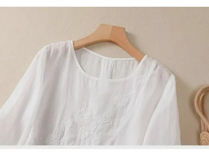 Summer Retro Embroidered Cotton-Linen T-Shirt: Solid Color, Loose Fit, Round Neck