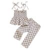 Little Girl Checkered Outfit, Tie Shoulder Shirred Babydoll Tops Elastic Waist Long Pants 2 Pcs Summer Set