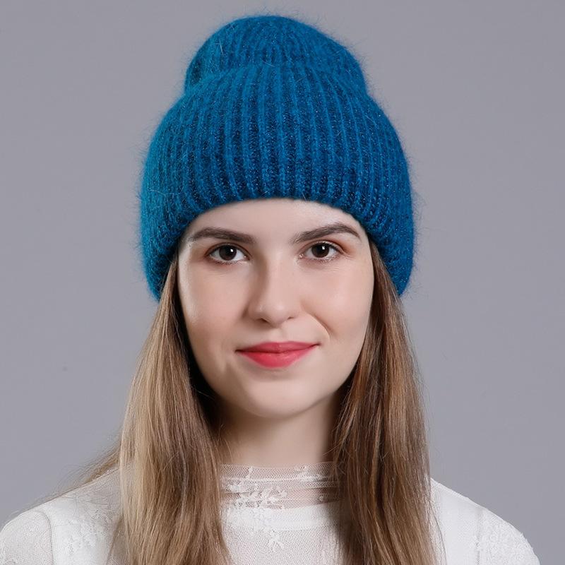 Женская зимняя теплая вязаная шерстяная универсальная шапка-пуловер с высокими фланцами и блестками из кроличьей шерсти